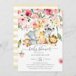 Roze Floral Neutral Safari Animals Baby shower Kaart