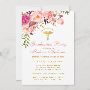 Roze Floral Nurse Graduation Party Invite P Kaart