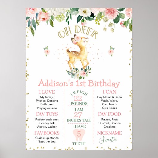 Roze Floral Oh Deer Birthday Poster (Voorkant)