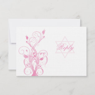 Roze Floral op White Linen Bat Mitzvah RSVP Card Kaartje