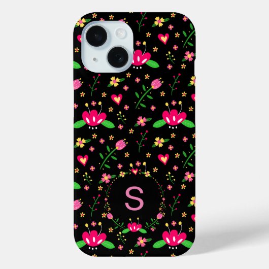  roze Floral op zwart monogram Case-Mate iPhone Case (Achterkant)