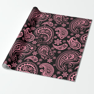 Roze  Floral paisley over zwarte achtergrond Cadeaupapier