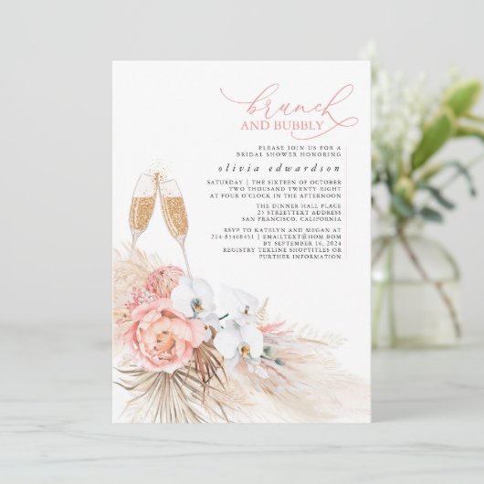 Roze Floral Pampas Grass Brunch en Bubble Kaart (Staand voorkant)