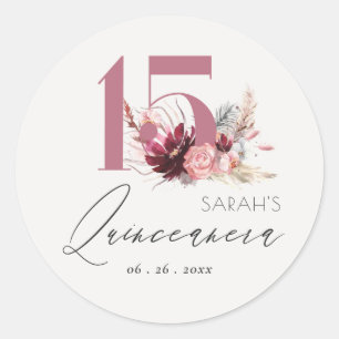 Roze Floral Pampas Grass Quinceanera 15e verjaarda Ronde Sticker