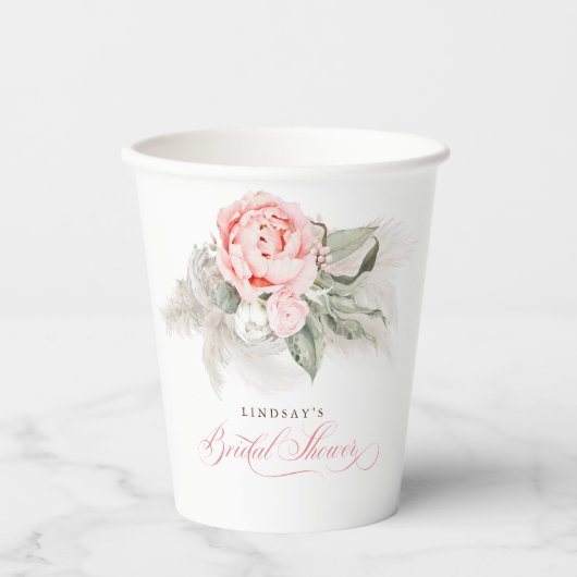 Roze Floral Pampas Grass Vrijgezellenfeest Boho Papieren Bekers (Voorkant)