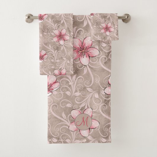 Roze Floral Pattern Bad Handdoek (Insitu)