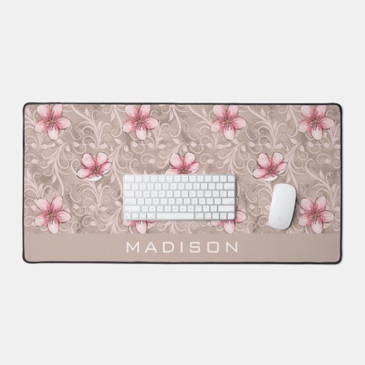 Roze Floral Pattern Bureaumat (Keyboard & Muis)