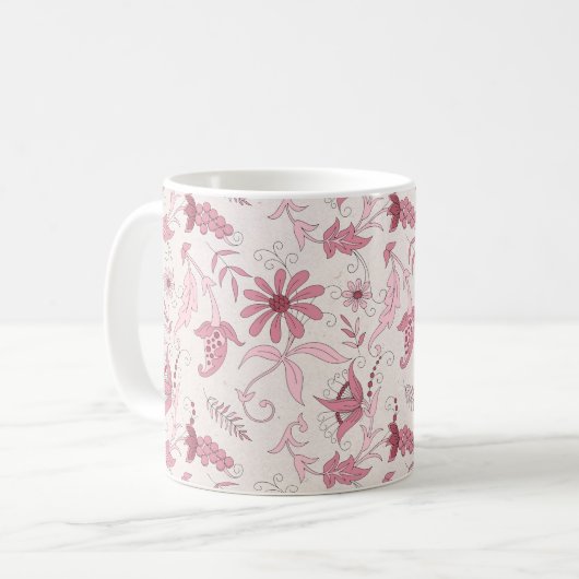 Roze Floral Pattern Koffiemok (Voorkant links)