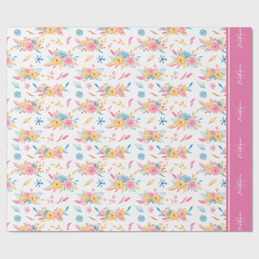 roze Floral Pattern Monogramed Cadeaupapier (Vlak)