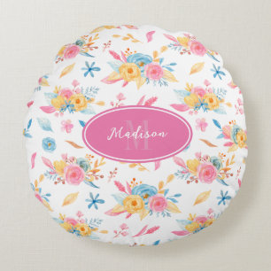 roze Floral Pattern Monogramed Rond Kussen