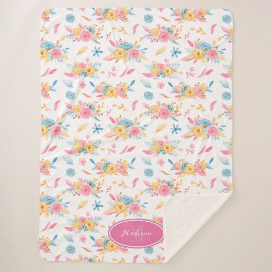  roze Floral Pattern Monogramed Sherpa Deken (Voorkant)