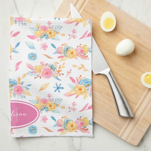 roze Floral Pattern Monogramed Theedoek (Quarter Fold)