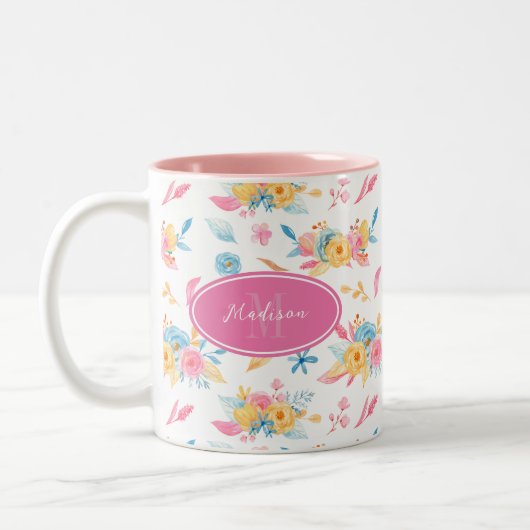 roze Floral Pattern Monogramed Tweekleurige Koffiemok (Links)