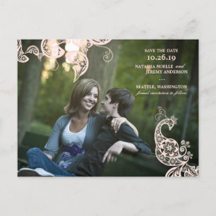 Roze  Floral Peacock Foto slaat de datum op Aankondigingskaart