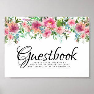 Roze Floral Peoney Christening Guestbook Poster