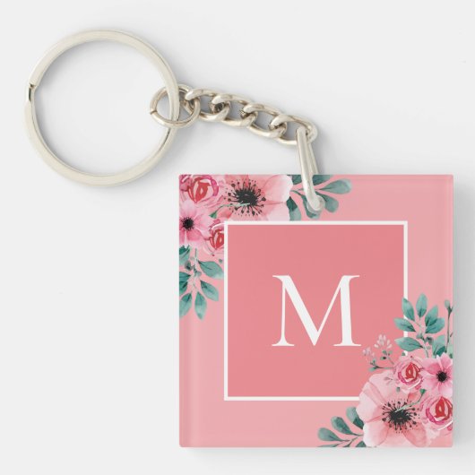 Roze | Floral Photo Monogram Key Ring Sleutelhanger (Voorkant)