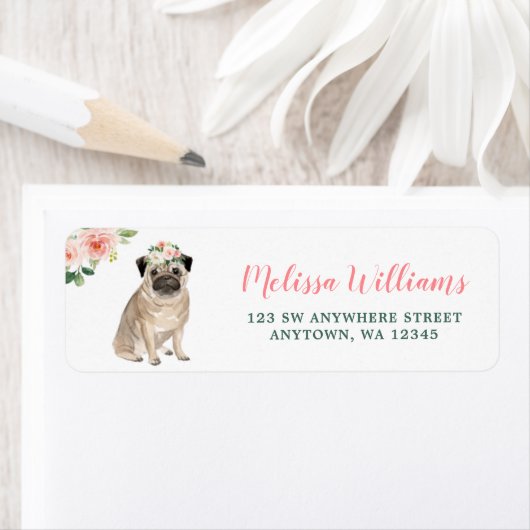 Roze Floral Pug Dog Return Label (Insitu)