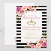 Roze Floral Quinceanera Gold Crown Striped Kaart (Voorkant / Achterkant)