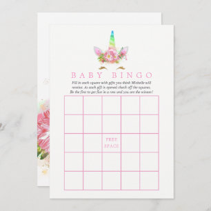 Roze Floral Rainbow Unicorn Girl Baby shower Bingo Kaart