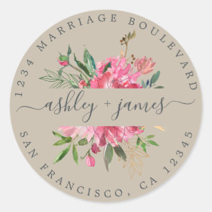 Roze Floral Return Address Grey Envelope Seal Ronde Sticker