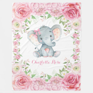 Roze Floral Roos Elephant Baby Girl Nursery Fleece Deken
