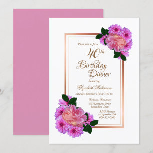 Roze Floral Roos Gold Border 40th Birthday Dinner Kaart