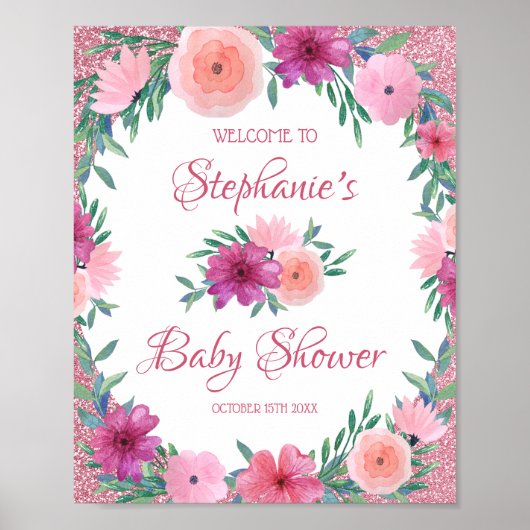 Roze Floral Roos Gold Glitter Baby shower Poster (Voorkant)