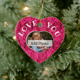 Roze Floral Roos Love You Heart Photo lijst Keramisch Ornament