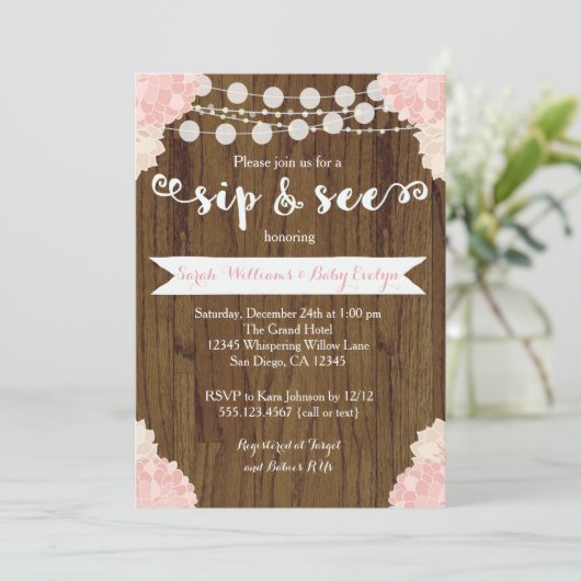 Roze Floral Rustic Sip en Zie uitnodiging (Staand voorkant)