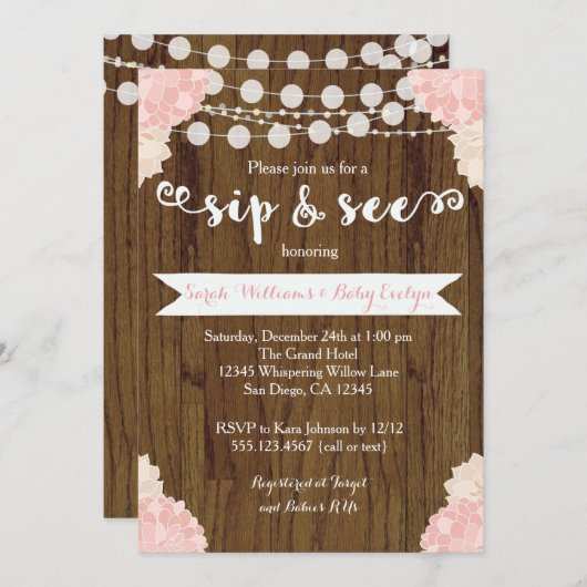 Roze Floral Rustic Sip en Zie uitnodiging (Voorkant / Achterkant)