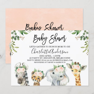 Roze Floral Safari Animals Baby shower Uitnodiging