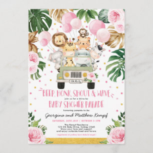 Roze Floral Safari drive van Baby shower Parade Kaart