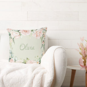 Roze Floral Sage Green Waterverf Name Baby Girl Kussen