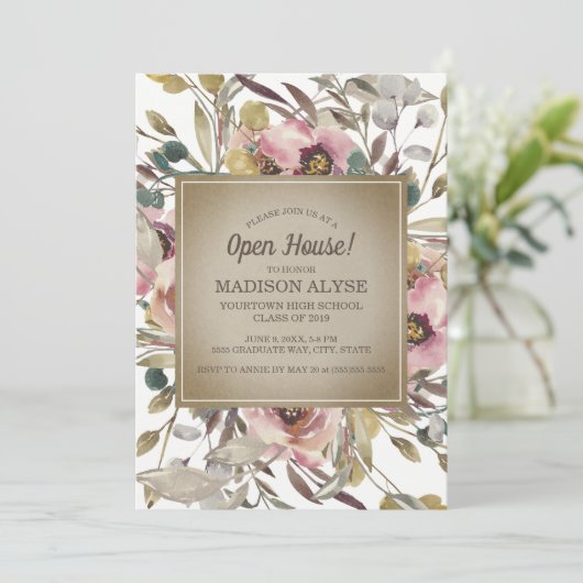 Roze Floral Sage Leaf Rustic Afstuderen Open House Kaart (Staand voorkant)