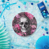 Roze Floral Skull Papieren Bordje (Feest)