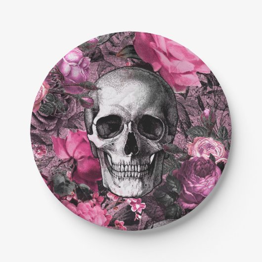 Roze Floral Skull Papieren Bordje (Voorkant)