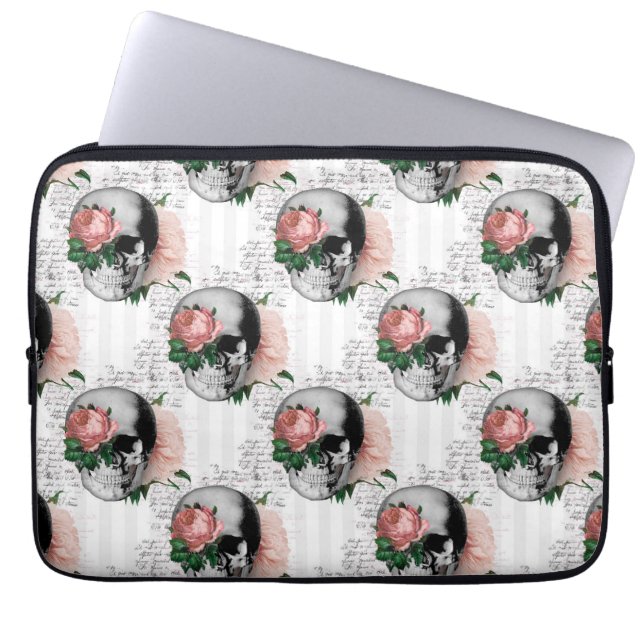 Roze Floral Skull Series Design 2 Laptop Sleeve (Voorkant)