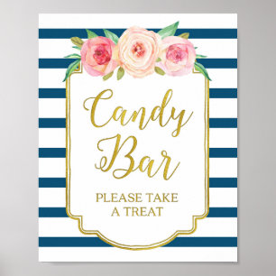 Roze Floral Snoep Bar Gold Navy Blue Stripes Poster