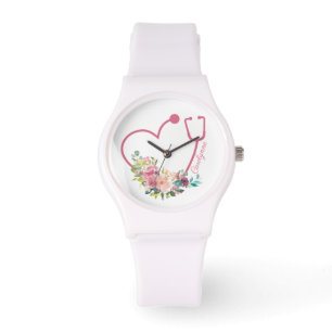 Roze Floral Stethoscoop Arts Horloge