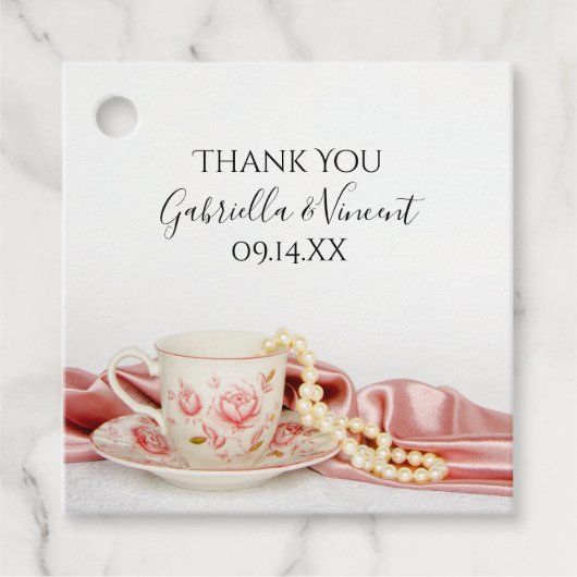 Roze Floral Tea Cup met parelhoenders Bedankjes Labels (Voorkant)