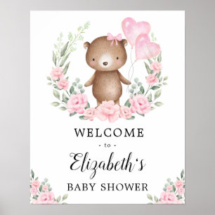 Roze Floral Teddy Bear Girl Baby shower Welkom Poster