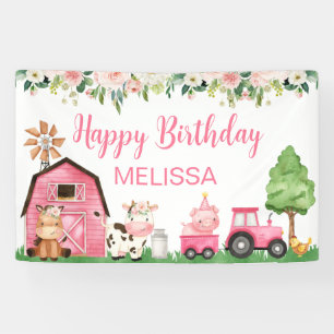 Roze Floral Tractor barn Boerderij Birthday Backdr Spandoek