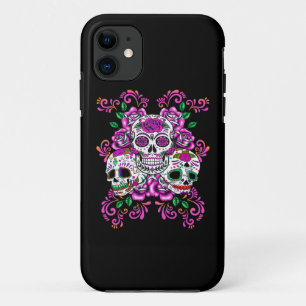 Roze Floral Triple Sugar Skull Day of the Dead iPhone 11 Hoesje