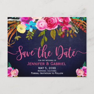 Roze Floral Typografie op Blauw sparen de Datum Aankondigingskaart