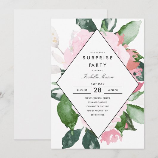 Roze Floral | Uitnodiging voor een verrassende par (Voorkant / Achterkant)