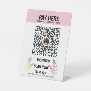 Roze Floral Voeg hier QR Code Venmo Betaal toe Reclamebord Met Voetstuk