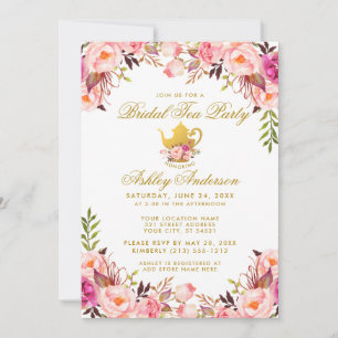 Roze Floral Vrijgezellenfeest Tea Party Gold Kaart