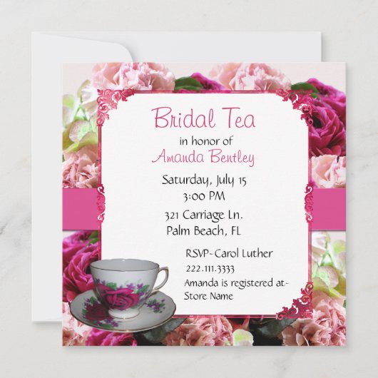 Roze Floral Vrijgezellenfeest Tea Party Invitation Kaart (Voorkant)