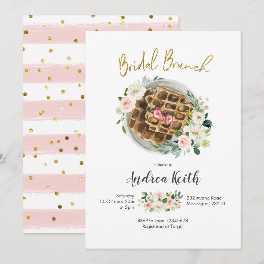 Roze Floral Waffle Bridal Brunch Uitnodiging (Voorkant / Achterkant)