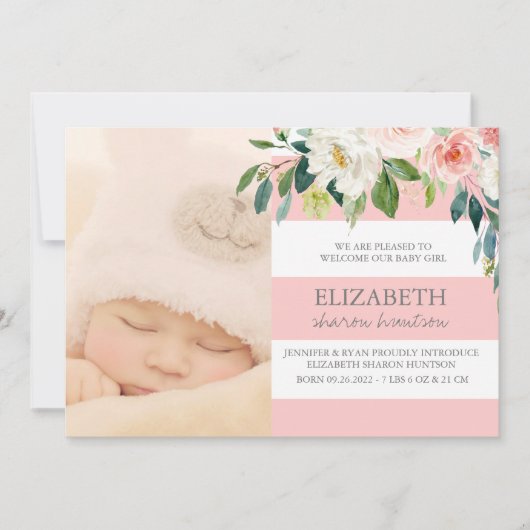 Roze Floral Waterverf Baby Girl Foto geboortedatum Aankondiging (Voorkant)